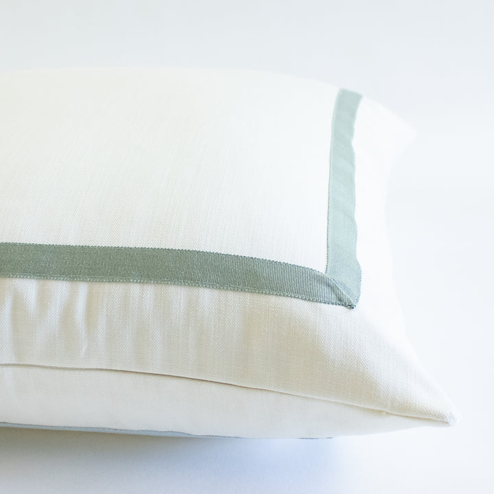 Custom Designer Mitered Spa Green Trim Solid White Pillow