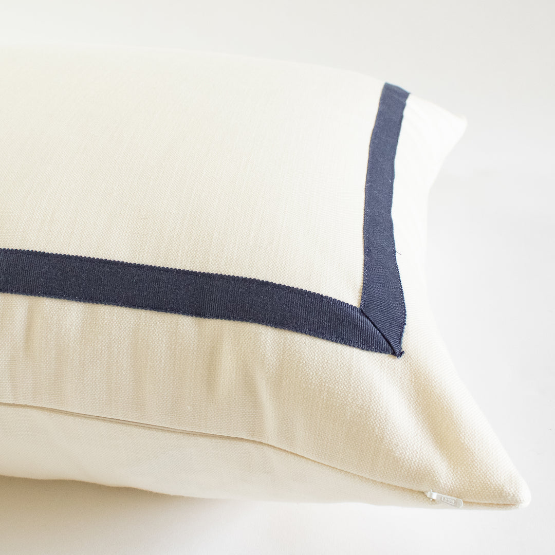 Custom Designer Mitered Indigo Trim Solid White Pillow