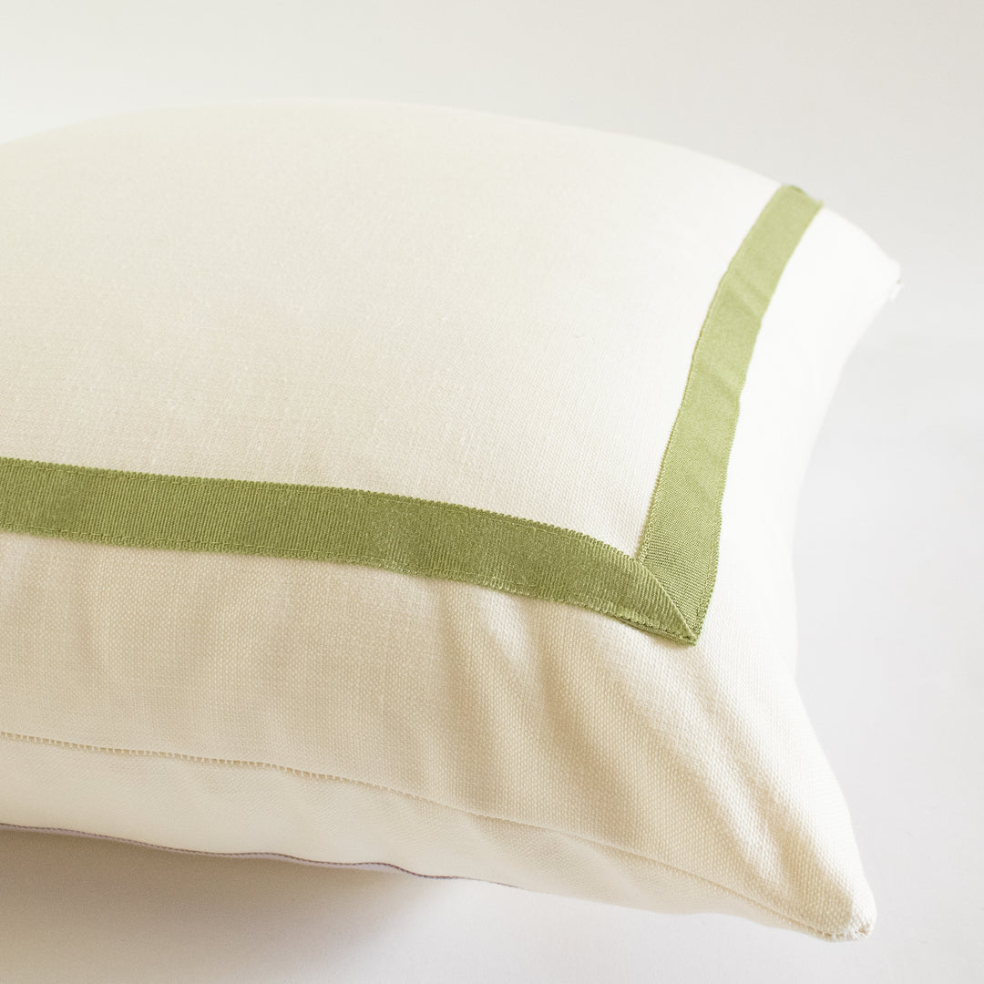 Custom Designer Mitered Pear Green Trim Solid White Pillow